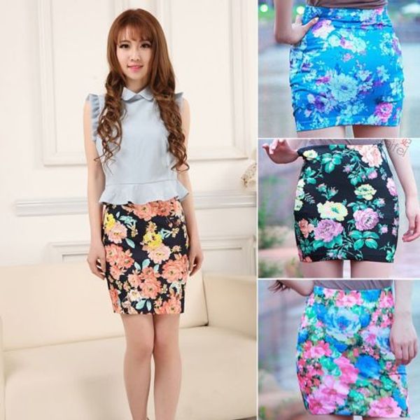 

женщины высокая талия a-line юбки цветочный принт короткие мини-bodycon юбка-карандаш лето, Black