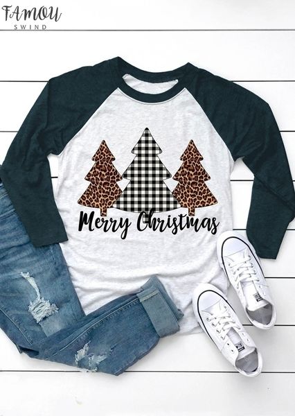 

2020 fashion women t shirt merry women christmas tree plaid leopard printed female t shirt cute tee casual ladies tee, White