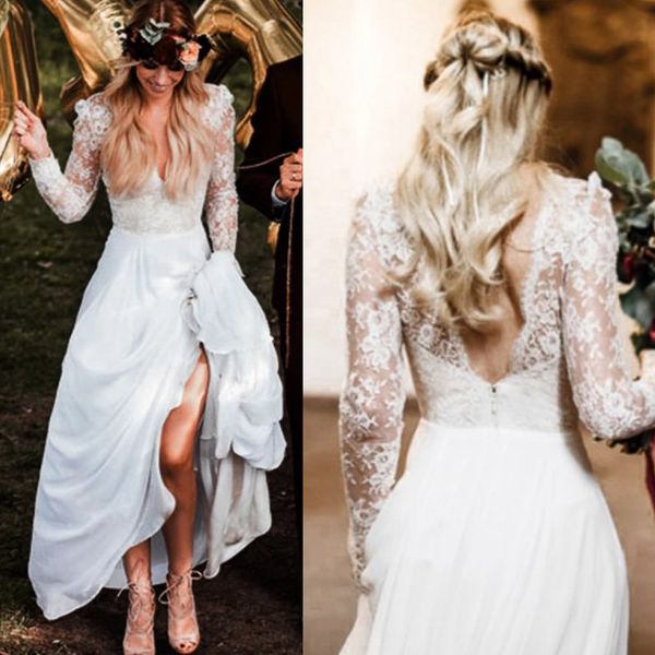 

stunning beach style wedding dress deep v neck illusion lace long sleeves long formal country bridal gowns open back, White