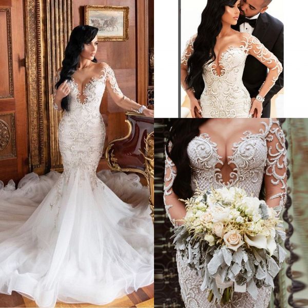 

2020 elegant lace mermaid wedding dresses arabic sheer scoop neck applique beaded plus size bridal wedding gowns vestidos de novia, White