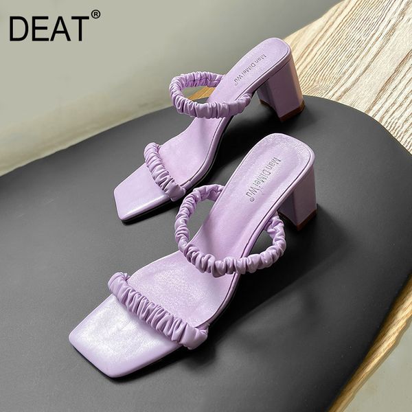 

deat] 2020 new spring summer square toe shallow pu leather pleated elastic band high heels slippers women shoes fashion 10i374, Black