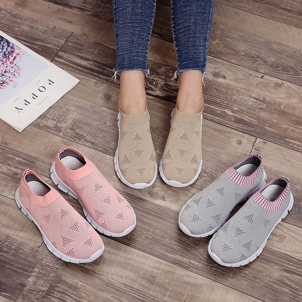 

women spring summer sneaker knitted mesh vulcanized shoes casual slip on flat soft walking footwear zapatos de mujer, Black
