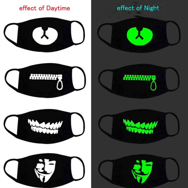 Preto luminous face máscara dos desenhos animados anti-poeira moda personalidade dentes fulgor de algodão boca máscara escura na noite halloween cosplay
