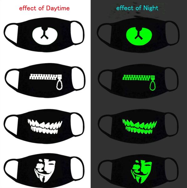 Preto luminous face máscara dos desenhos animados anti-poeira moda personalidade dentes fulgor de algodão boca máscara escura na noite halloween cosplay