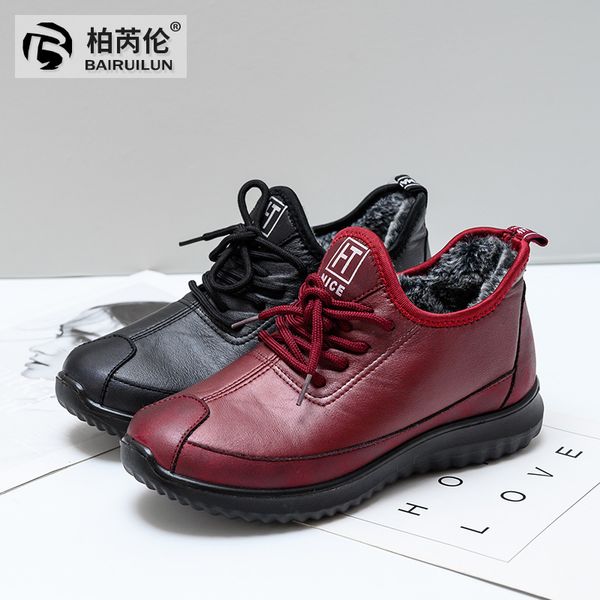 

bairuilun women winter flat shoes woman pu leather lace up mom shoes female casual plush warm soft ladies women's, Black