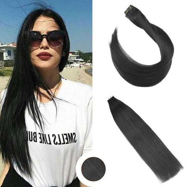 

younger tape in human hair skin weft real remy human hair extensions 14-24 inch straight hair #1b natural black 20pcs