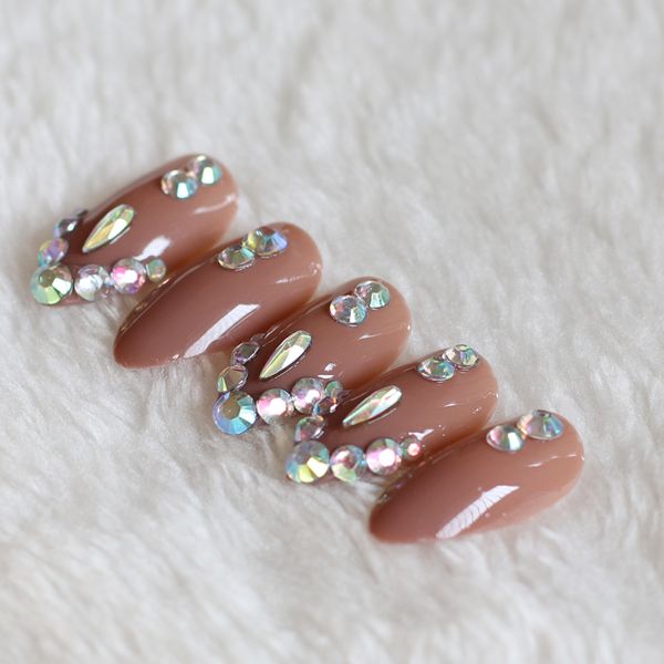

2019 latest fake nails fine high heel 24 pieces design filled with crystal diamond brown w93, Red;gold