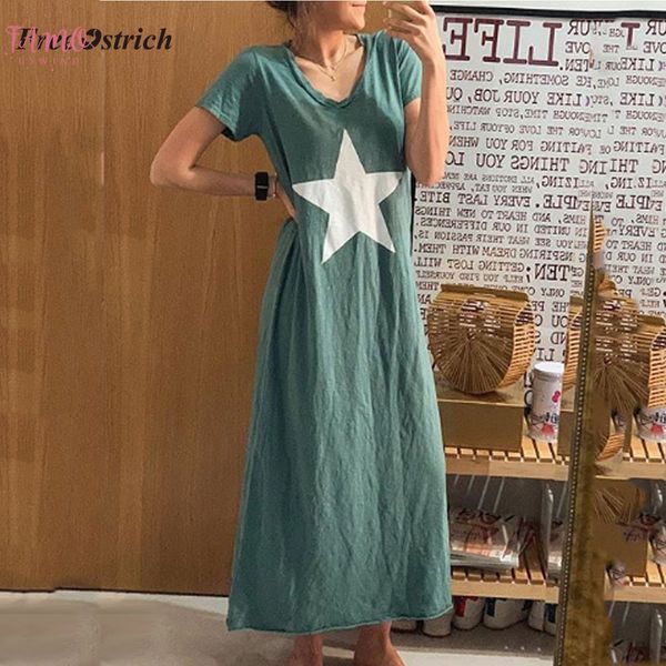 

summer dress natural women five pointed star print casual loose long maxi dress girl clothes v neck short sleeve vestidos 7, Black;gray