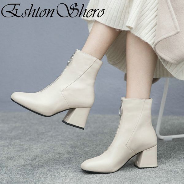 

eshtonshero winter/autumn shoes woman ankle boots genuine leather+pu square high heel ladies motorcycle work boots size 34-40, Black