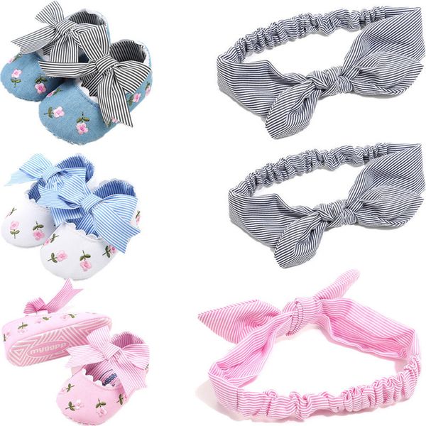 

infant newborn non-slip toddler kids baby shoes headband 2pcs girls soft sole cotton crib first walkers 0-18m