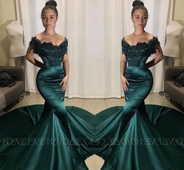 

2020 gorgeous off the shoulder dark green prom dresses mermaid satin african girls evening gowns formal occasion vestidos de fiesta bc2939