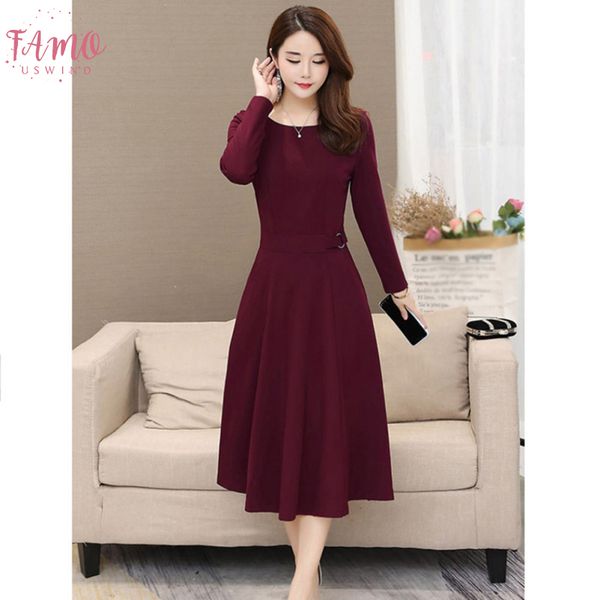 

b temperament women dress autumn winter round dress neck over the knee long sleeve simple solid color dress*, Black;gray