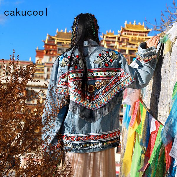 

cakucool denim jacket female autumn vintage ethnic appliques embroid tassels bead loose coat long sleeve outerwear jacket women, Black;brown