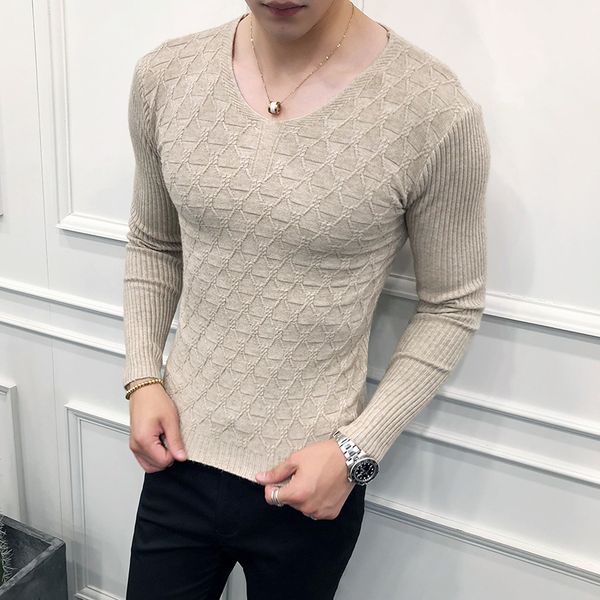 

korean men casual sweater brand new slim fit knitted all match pullovers men clothes 2019 long sleeve v neck solid pull homme, White;black
