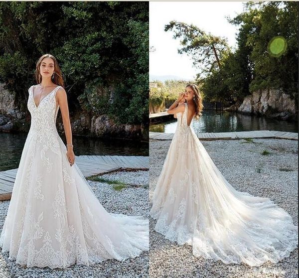 

sexy open back a line пляж свадебные платья 2020 без рукавов кружева аппликации тюль длинные свадебные платья платье-де-novia ba9878, White