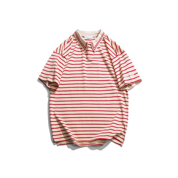 

januarysnow striped turn-down collar polo shirt short sleeve summer loose stripe shirts men cotton street shirts, White;black