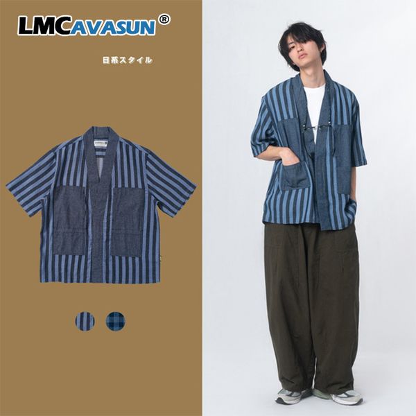 

lmc/men shirt japanese retro shirts harajuku cotton open stitch casual blue dye loose patch short sleeve summer streetwear, White;black