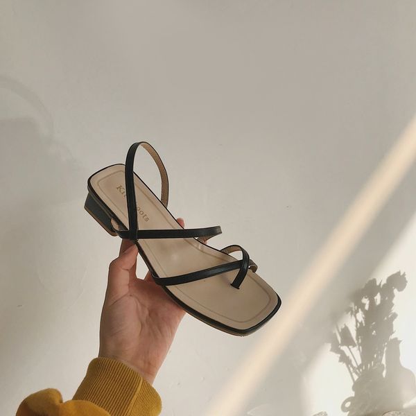 

2020 summer sale of women's shoes sandals elastic band med block heels suit female beige flip flops platform all-match ladies, Black