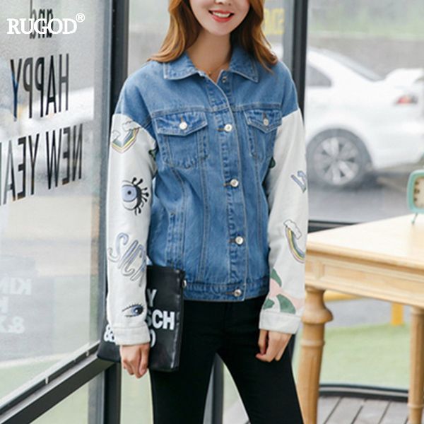 

new arrival funny print jean jacket women fashion white sleeve patchwork denim coat female summer autumn bomber jacket, Black;brown