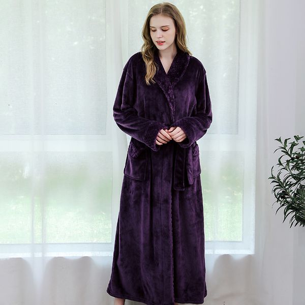 

winter warm full sleeve kimono bathrobe gown for sweetcouple with belt long home dressing gown sleepwear v-neck nightgown, Black;red