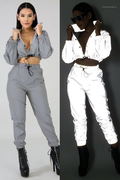 

reflective suits crop pants 2pcs clothing sets casual fashion two piece pants women designer 3m, White