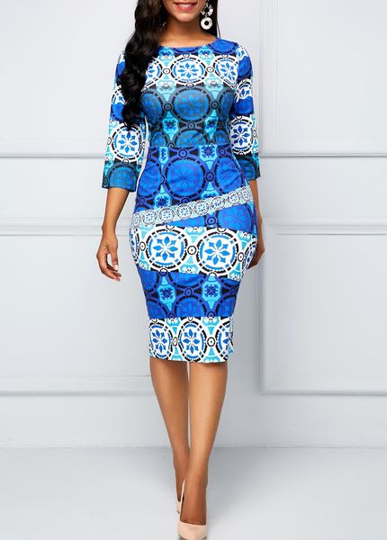 

big size womens 2019 spring retro vintage print plus size dress women round neck casual 3/4 sleeve slim bag hip step dresses, Black;gray