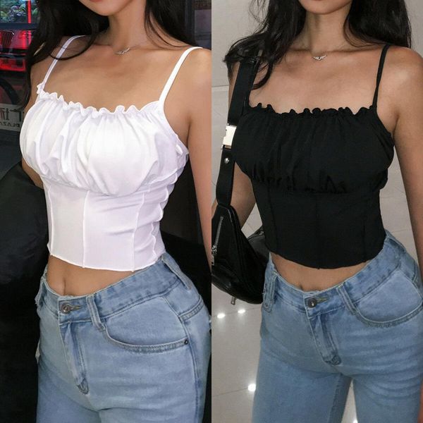 

summer women ruffles sleeveless strapless ruched slim crop camisole female solid holiday wear, White
