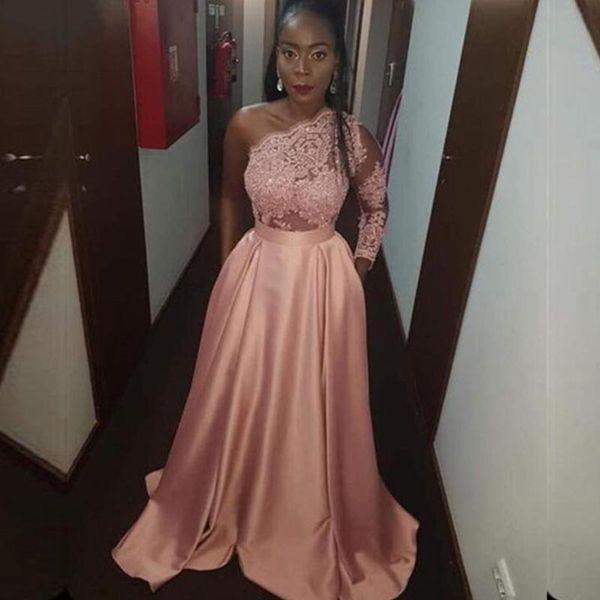 

single long sleeves prom dresses 2020 with pocket one shoulder evening dress for women pink vestidos de fiesta de noche, Black