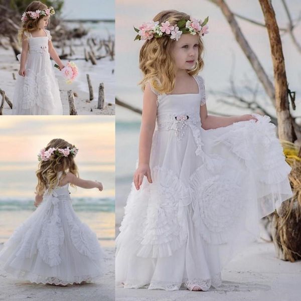 2019 Beach Wedding Flower Girls Dresses With Sash Soft Lace Off