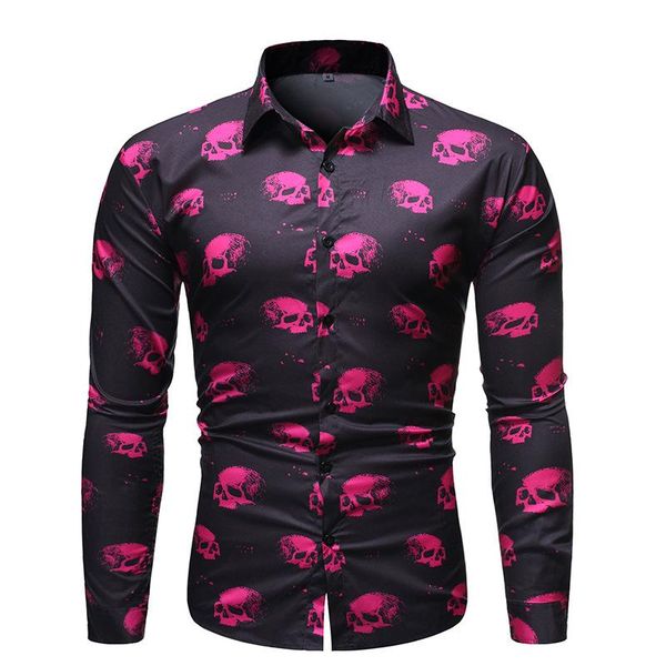 

2020 spring mens skulls shirts lapel neck long sleeve male club single breasted fashion casual shirts, White;black
