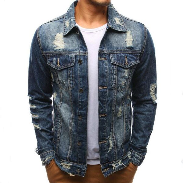 

jacket european code men's slim casual long sleeve denim hole jacket multi pocket single breasted large size s-xxxl shaped coat, Black;brown