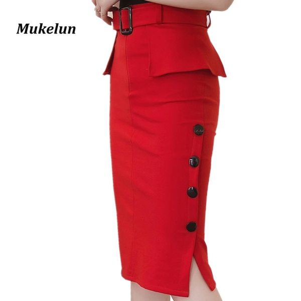 

fashion new arrival 2019 summer high waist midi skirt red black bodycon pencil skirts buttons open slit elegant womens skirts, Black;gray