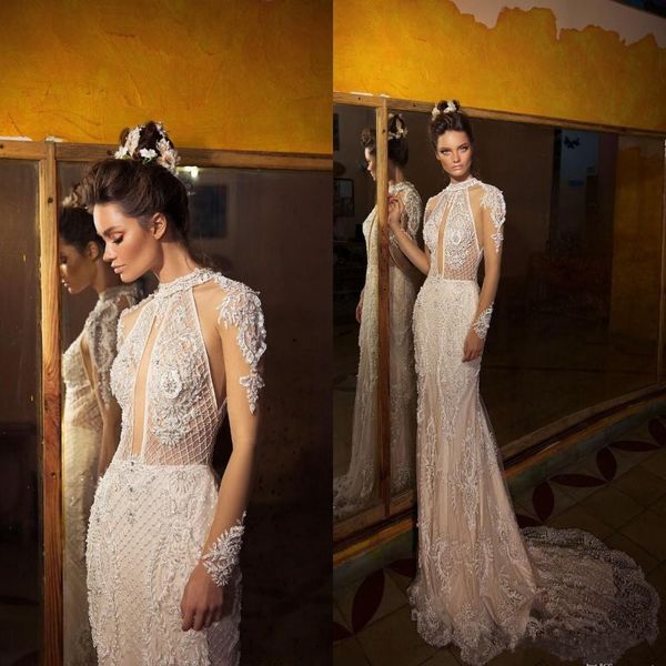 

2019 джули вино русалка свадебные платья великолепный с длинным рукавом свадебные платья кружева аппликация бисер горный хрусталь роскошные, White