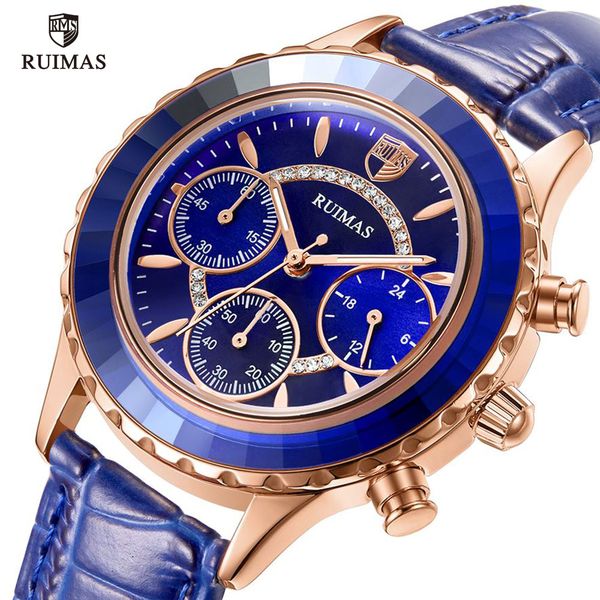 

ruimas luxury quartz watches for women brand blue leather wristwatch ladies woman chronograph watch relogios femininos 592, Slivery;brown