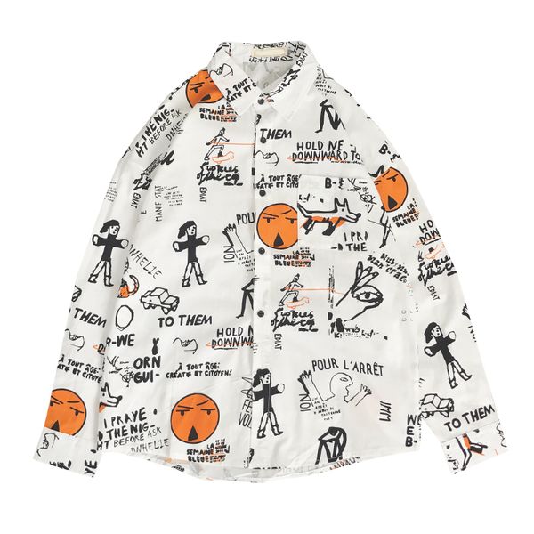 

2019 осень new tide brand ins hip hop hip hop рубашки пальто мужской harajuku ретро bf мультфильм печати сыпучие красивый стрит рубашка 50cs, White;black