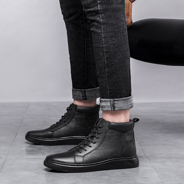 

men winter cotton-padded shoes high shoes with fashion back buckle warm plush male cow leather ankle boots plus size 48, Black