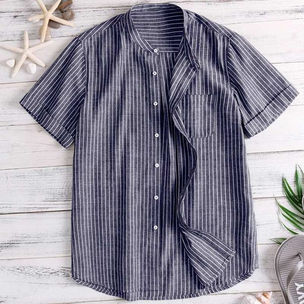 

Male Clothing Summer Mens Shirts Dress Short Sleeve 100%Cotton Striped Loose Vacation Hawaiian Beach Shirts Camisas Masculina