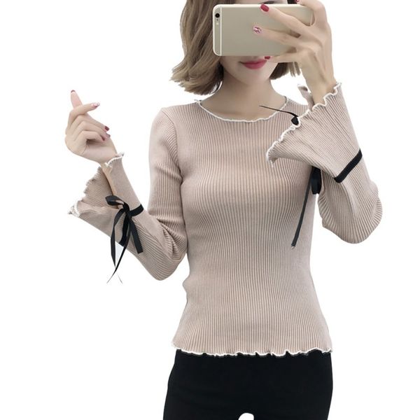 

casual autumn knit sweater women sweater bottom round neck slim tight, White;black