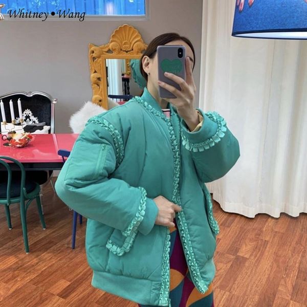 

whitney wang parkas 2019 winter fashion streetwear pleated ruffled thick bomber jacket women parka outwear cotton padded coat, Black