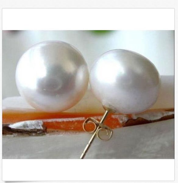 

charming genuine rare 13-14mm perfect south sea white pearl earring 14k gold, Golden;silver