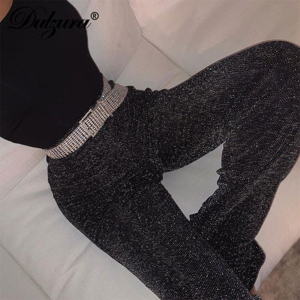 

dulzura women pants solid glitter sparkle bling trousers 2018 autumn winter fashion office lady black wide leg pants, Black;white