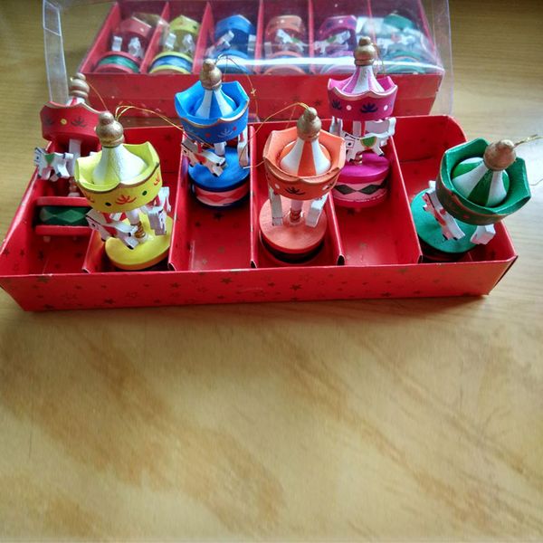 

6 pcs/set christmas ornaments cute carrousel merry-go-round wood craft diy home deskdecoration for kids toys gifts -drop