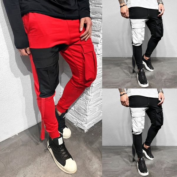 

men's patchwork straight long slim fit pants causal full length trousers sweatpants joggers streetwear pantalon homme cargo pant, Black