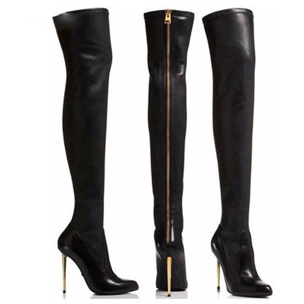 

women stretch leather thigh high boots fashion back zipper pointed toe over the knee boots high heels woman shoes black