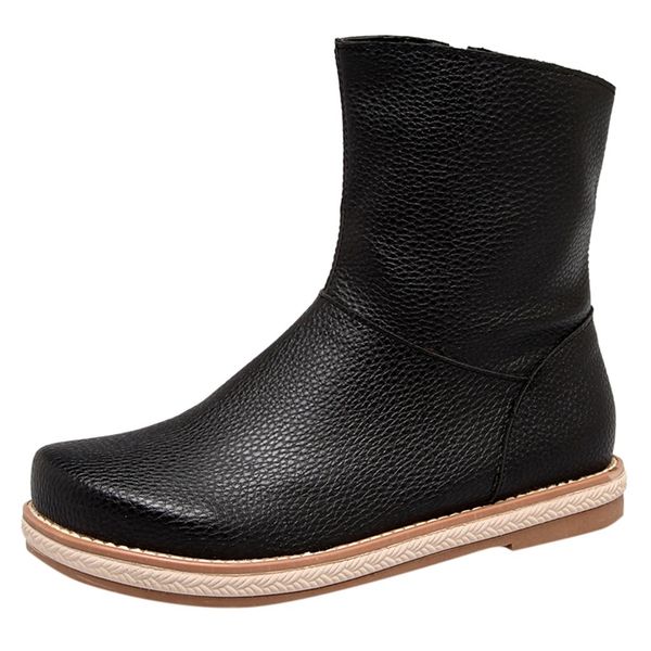 

red leather boots autumn and winter new women's slip on shoes solid color round head zipper flat short booties plus size 43, Black