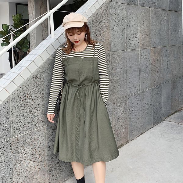 

new 2019 autumn women dress striped slim fat off two waist coverlly dresses green stripe black and white 257, Black;gray