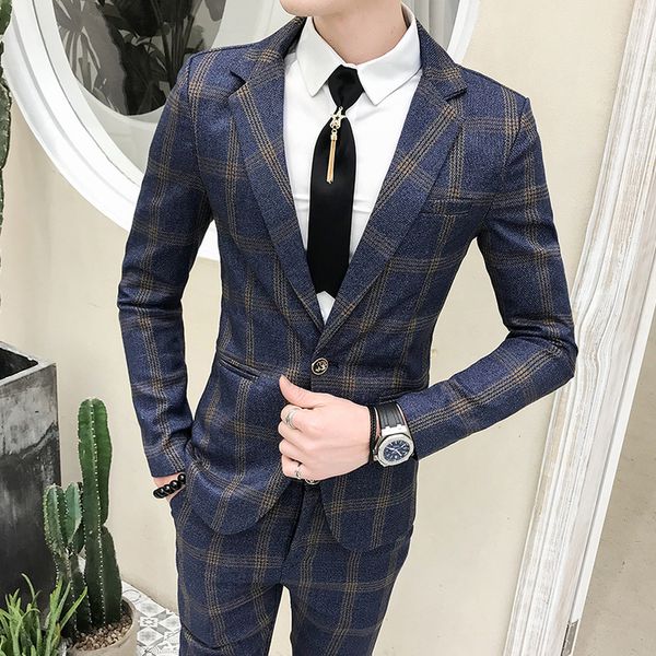 

mens suits blazers formal plaid vintage suits with pants 2 piece set british male tuxedos slim fit business casual wedding groom, White;black