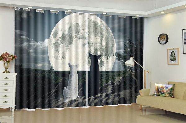 

wholesale 3d curtain living room black and white wolf watching the moon custom living room bedroom beautifully decorated curtains