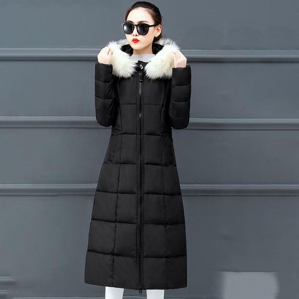 

over knee thickening warm long sleeve solid winter women down coat zipper with pockets faux fur hooded windproof slim fit casual, Black