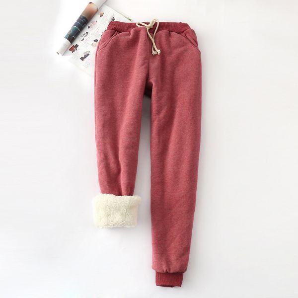 

winter lambskin thicker elastic waist pants loose large size solid color cotton harem pants women casual warm trousers, Black;white